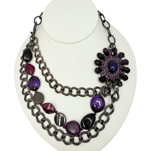 Black & Purple Glass Beaded Multichain Flower Statement Necklace 20" Beaded - Picture 1 of 9